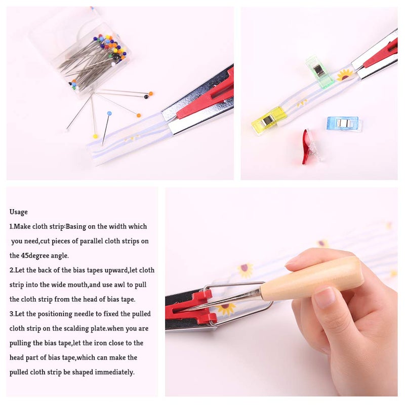 BUTUZE Fabric Bias Tape Makers Kit with Sewing Awl, Positioning Pin, Adjustable Binder Clip,Wooden Awl,Foot Press -Practical Bias Tape Maker Set for Sewing/Quilting - Image 4